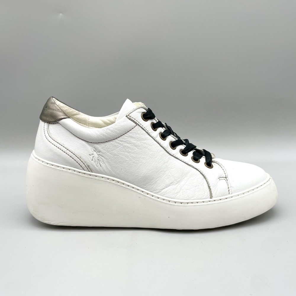 Fly London Womens 40 9 Dile Platform Wedge Sneakers White Leather Chunky Scandi